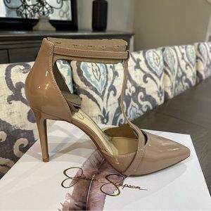 Jessica Simpson Nude Patent T-Strap Pointed Toe Heels